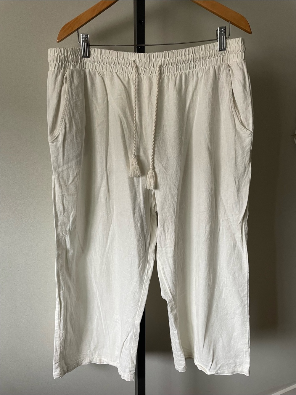 Penmans Linen Blend Wide Leg Tassel Pant Cropped White Coastal Boho White XL